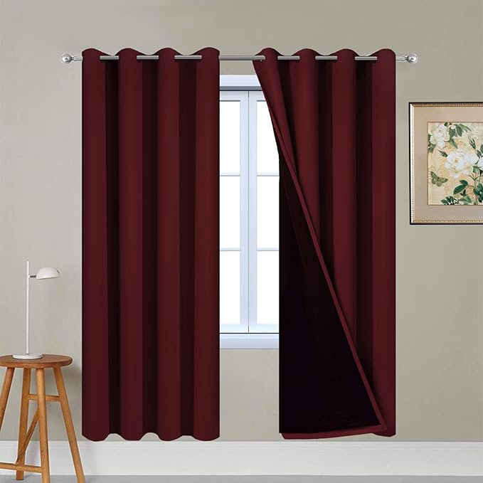 Yakamok 100% Blackout Curtains 72 Inches Long, 2 Thick Layers Completely Blackout Window Treatment Thermal Insulated Lined Drapes for Bedroom(Burgundy Red, 52" Width Each Panel, 2 Panels)