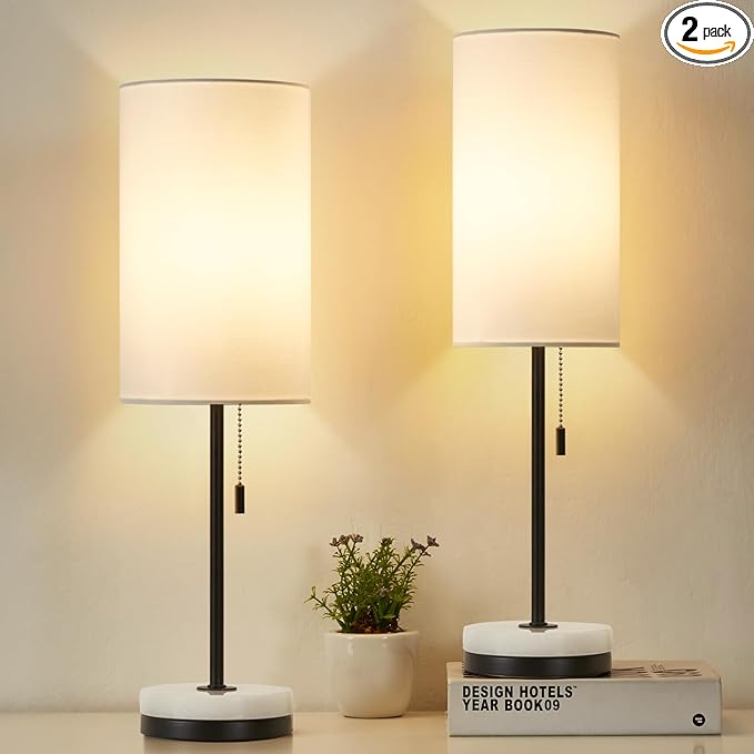 Luvkczc Minimalist Table Lamp Set of 2, Nightstand Lamp for Bedroom Living Room, Modern Pull Chain Bedside Lamp with Marble Base, Fabric Shade, Small Desk Lamp for Home, Office, Reading