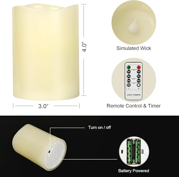 Flameless Candles Battery Operated Pillar Real Wax Flickering Electric LED Candle Gift Sets with Remote Control Cycling 24 Hours Timer, Pack of 6 (3" D x 4" H, Ivory)