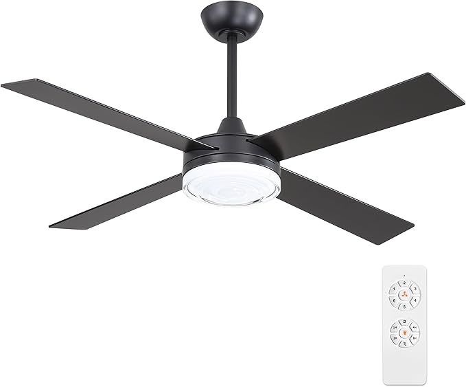 WINGBO 52 Inch Ceiling Fan with Lights and Remote, 3CCT, Modern Ceiling Fan with Ripple Glass Shade, 6-Speed Reversible DC Motor for Bedroom Living Room Kitchen Hallway, Matte Black