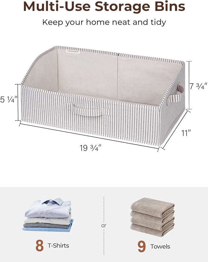 StorageWorks Closet Storage Bins, Trapezoid Organizer Box for Shelves, Fabric Clothes Bin, Foldable Organizing Baskets with Handles, Large, Khaki and Beige Stripes, 3-Pack