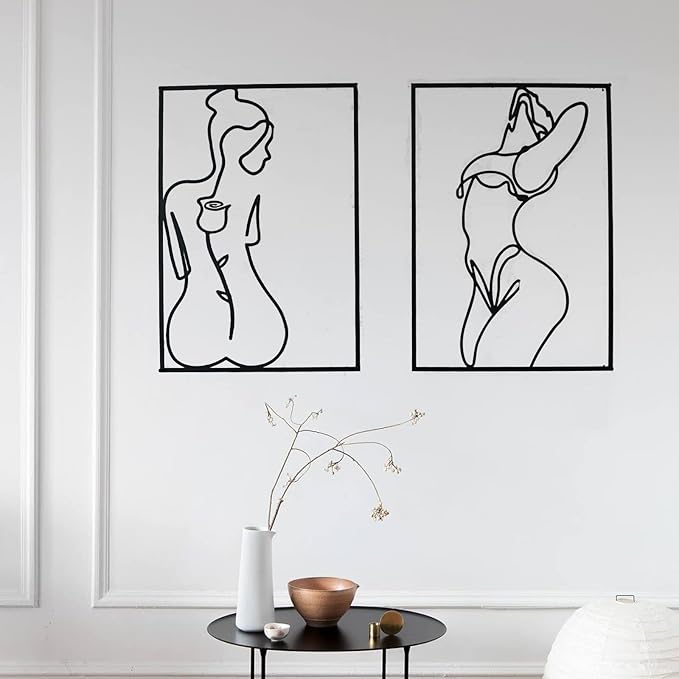Glamativity 4 Pack Gold Wall Art Décor, Minimalist Décor Single Line Art Wall Décor, Real Metal Wall Art, Woman's Body Shape Abstract Wall Art, for Kitchen Bedroom Living Room (Black)