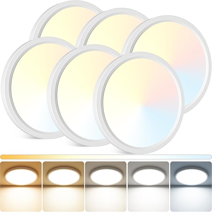 Peasur 15Inch LED Ceiling Light Flush Mount, 5CCT 3000K-6500K Adjustable Ceiling Light Fixture, 3000LM 30W Thin White Lighting Fixture for Hallway Kitchen Bathroom Bedroom, 6Pack