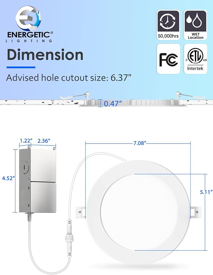 2 Pack 6 Inch Ultra-Thin LED Recessed Ceiling Light with Junction Box, 5000K Daylight, 12W 110W Eqv, Dimmable Canless LED Recessed Light, 1050LM High Brightness Wafer Downlight- ETL&FCC Certified