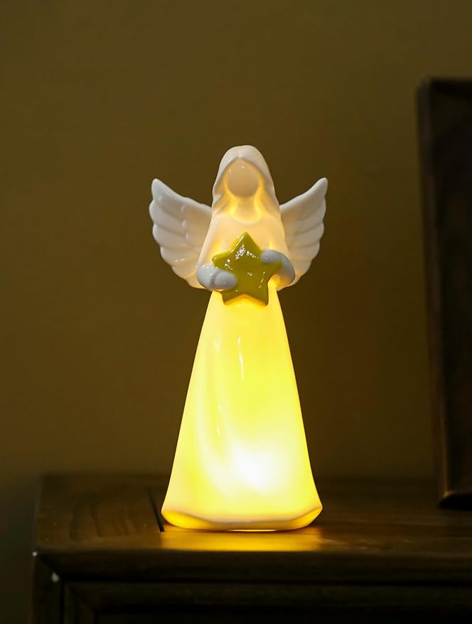 ADAVAS.Y&G Porcelain Angel Hold Star Collectible Figurines Guardian Angel Statue Lighted up Angel Night Light Angel lamp with DIY Bible Verse Do not Fear for I am with You 7inch High