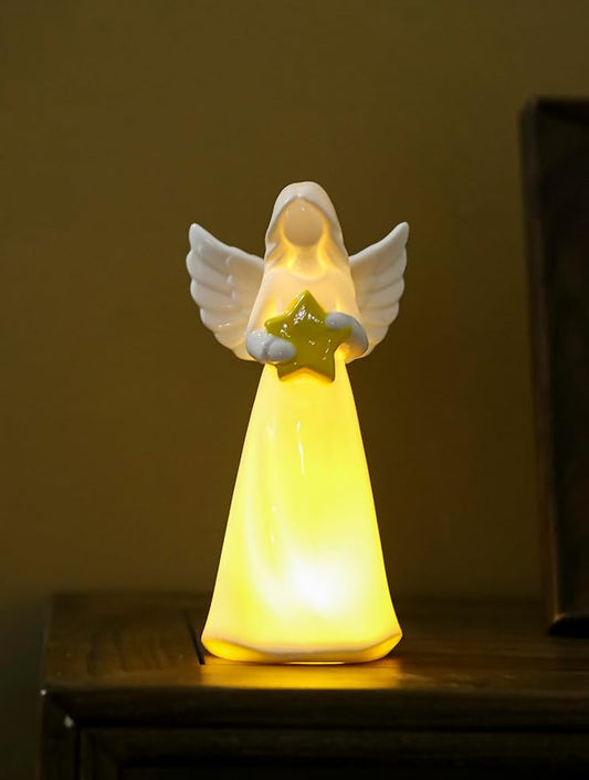 ADAVAS.Y&G Porcelain Angel Hold Star Collectible Figurines Guardian Angel Statue Lighted up Angel Night Light Angel lamp with DIY Bible Verse Do not Fear for I am with You 7inch High