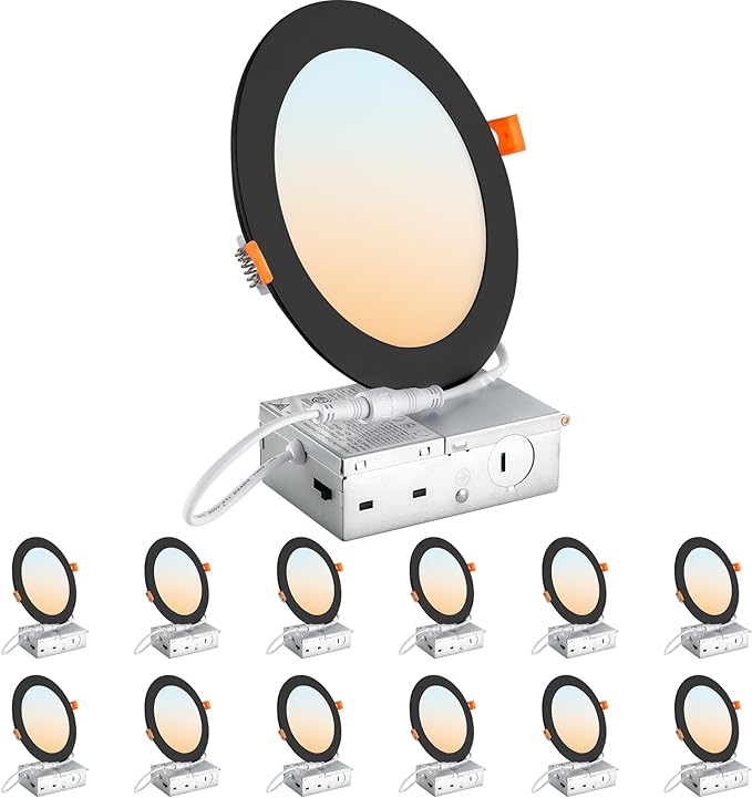 DLLT LED Recessed Ceiling Lights: Black 12 Pack 6 Inch 5CCT Ultra-Thin Lighting with Junction Box for Bedroom - 1200LM Brightness 12W Eqv 110W Dimmable Canless Wafer Downlight with ETL&FCC