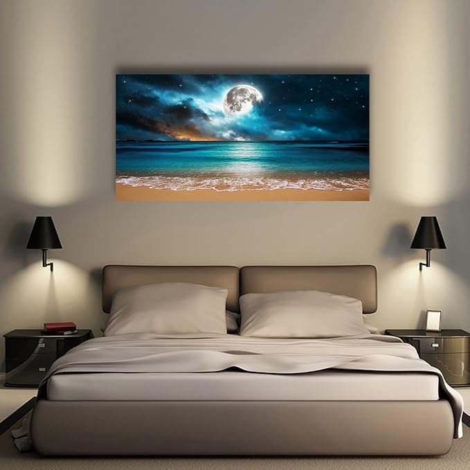 Beach Themed Wall Art Canvas Prints Seascape Picture Bathroom Décor Moon Ocean Landscape Paintings for Bedroom Dining Room Office Home Kitchen Decoration Natural Artwork 28x57 Wooden Frames