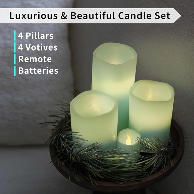 FURORA LIGHTING Blue Real Wax LED Candles with Remote and 6/18 Timer, 4 Pillars and 4 Votives Pack of 8, Flameless Flickering Candles for Home Décor, Battery Included