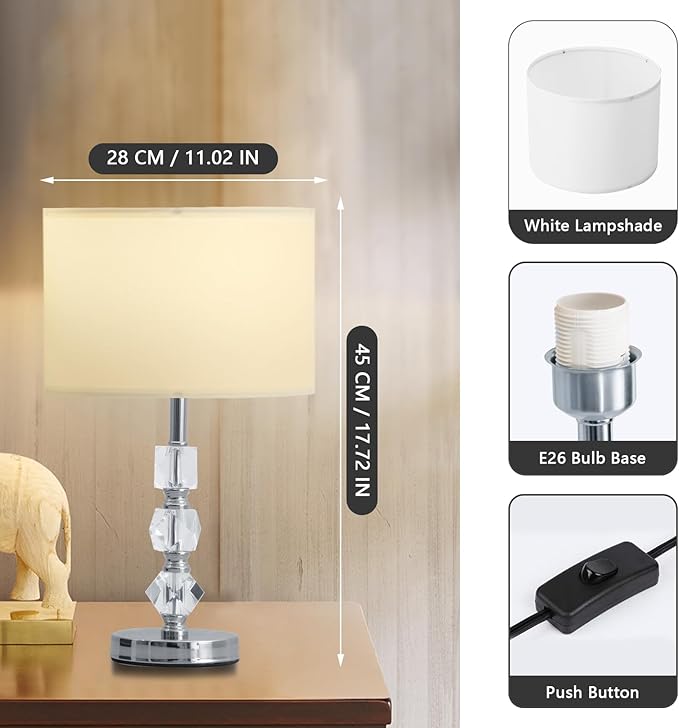Crystal Table Lamps Set of 2, 3-Color Dimmable Modern Bedside Lamp for Livingroom/Bedroom/Entryway and Other Rooms, Led Bulb Included
