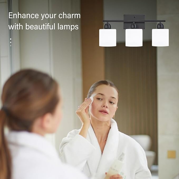 3-Light Bathroom Light Fixtures, Black Bathroom Vanity Lights with Milky White Frosted Glass Shades, Black Vanity Light for Bathroom Mirror, Bedroom, Living Room, Vanity Table, E26 Base