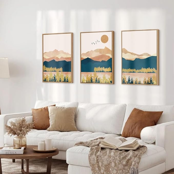 HPINUB Mountain Framed Canvas Wall Art Set, Mid Century Modern Wall Decor, Set of 3 Boho Artwork Nature Art Paintings, Bohemian Art Prints for Living Room, Bedroom, Dining Room, Office - 16"x24"x3