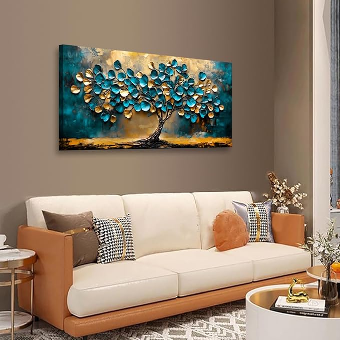 Tree of life Teal Gold Leaf Pictures Canvas Wall Art for Living room Office Bedroom Wall Decor,Abstract Wall Art Print Paintings Modern Blue Leaves Artwork Waterproof Ready to Hang-20x40inch