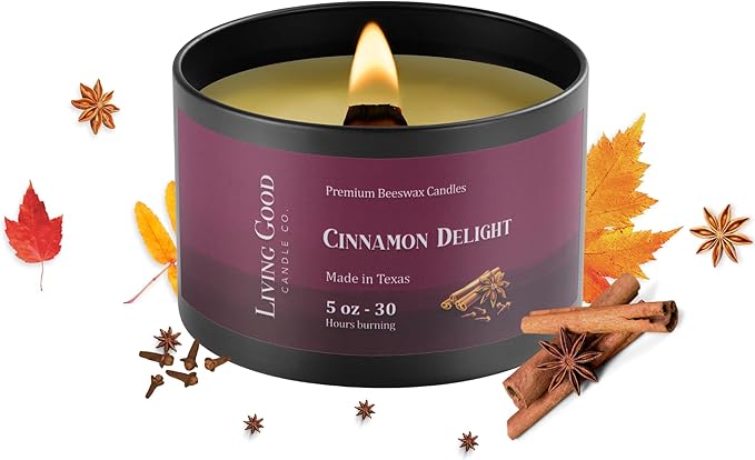 Fall Fresh Cinnamon Bark Essential Oil - Warm & Spicy Pure Beeswax Candle - 30+ Hours Long Burning - Non-Toxic Scented Candles for Autum Home Decor & Aromatherapy for Anxiety Relief - Natural - 5 OZ