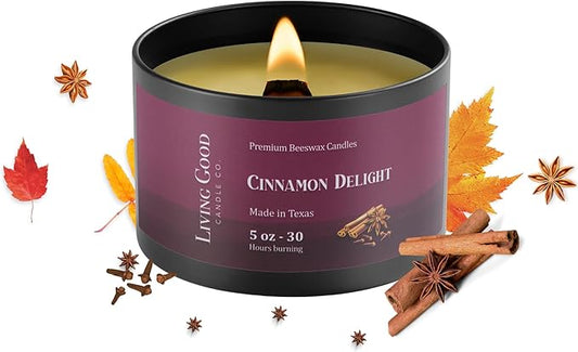 Fall Fresh Cinnamon Bark Essential Oil - Warm & Spicy Pure Beeswax Candle - 30+ Hours Long Burning - Non-Toxic Scented Candles for Autum Home Decor & Aromatherapy for Anxiety Relief - Natural - 5 OZ