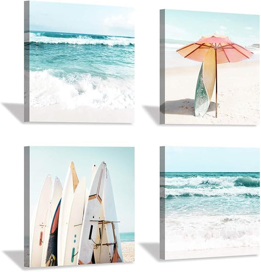 Beach Canvas Wall Art Painting: Summer Surfboard and Umbrella on Beach Picture Print for Bathroom (12'' x 12'' x 4 Panels)