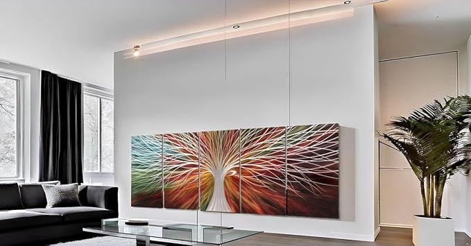 Yihui Arts Abstract Metal Wall Art - Tree Of Life Hand Crafted 5 Pieces Panels Large Big Unique 3D Aluminum Modern Contemporary Home Accent