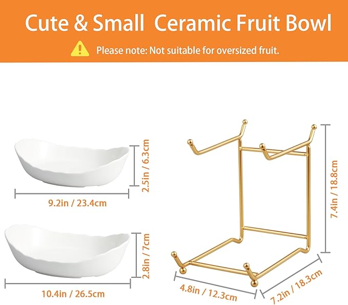 2 Tier Ceramic Fruit Bowl for Kitchen Counter, Tiered Fruit Basket for Countertop, Modern Multi Layer Fruit Display Stand for Party, Cute & Small (Gold&White)