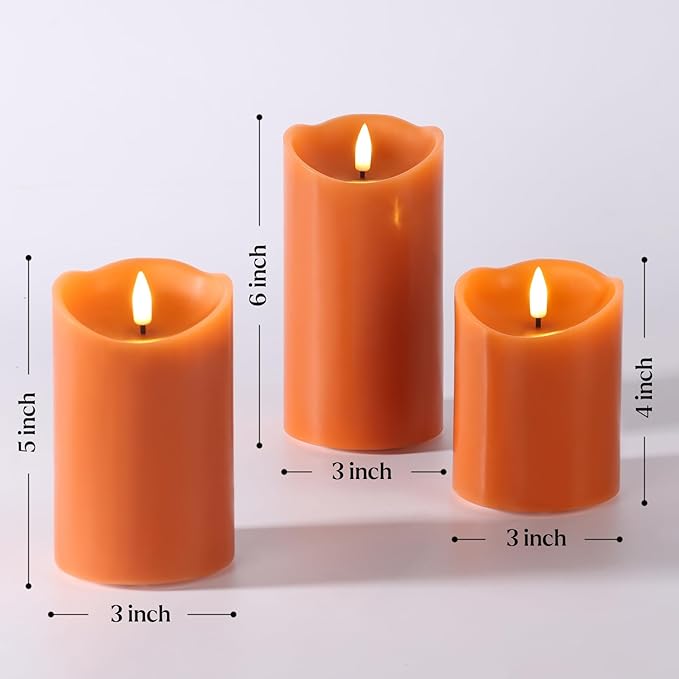 Eywamage Orange Flameless Pillar Candles with Remote, Halloween Fall LED Candles Battery Operated Real Wax, Set of 3