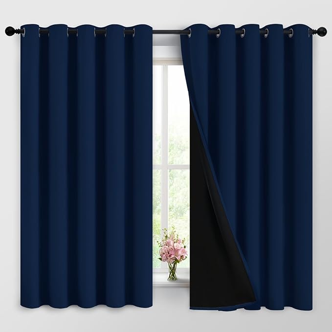 Yakamok Navy Blue 100% Blackout Curtains Energy Saving Thermal Insulated 2 Thick Layers Completely Blackout Drapes with Black Liner for Bedroom (62Wx63L, Navy Blue, 2 Panels)