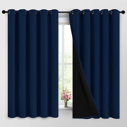 Yakamok Navy Blue 100% Blackout Curtains Energy Saving Thermal Insulated 2 Thick Layers Completely Blackout Drapes with Black Liner for Bedroom (62Wx63L, Navy Blue, 2 Panels)