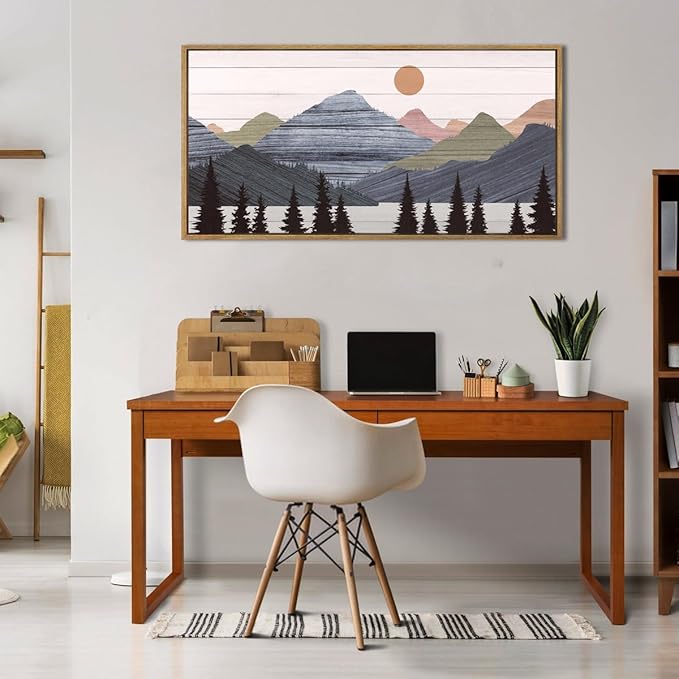 Framed Mountain Wall Art Pine Tree Forest Wall Decor Modern Mountain Range Painting 20x40 Inch for Living Room Bedroom Dining Room