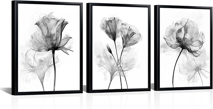 Framed Black and White Floral Bathroom Wall Decor Abstract Grey Flowers Canvas wall art for Living Room Office Bedroom Decor