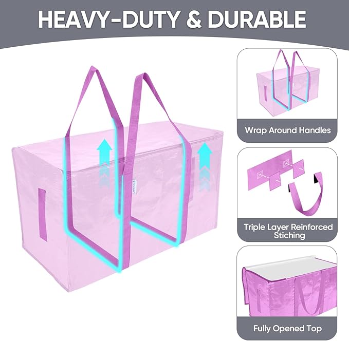 TICONN 2 Pack Extra Large Moving Bags with Zippers & Carrying Handles, Heavy-Duty Storage Tote Moving Boxes for Space Saving (2 Pack, Pink)