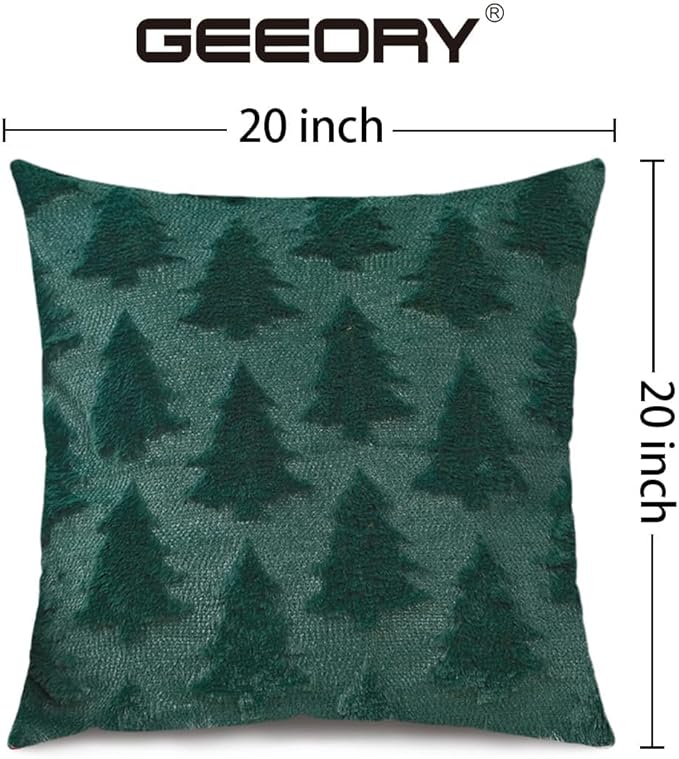 GEEORY Christmas Tree Throw Pillow Covers 20x20 Inch Set of 2, Xmas Winter Soft Plush Faux Fur Wool Decorative Farmhouse Holiday Cushion Case for Home Decoration (Green) GC003-20