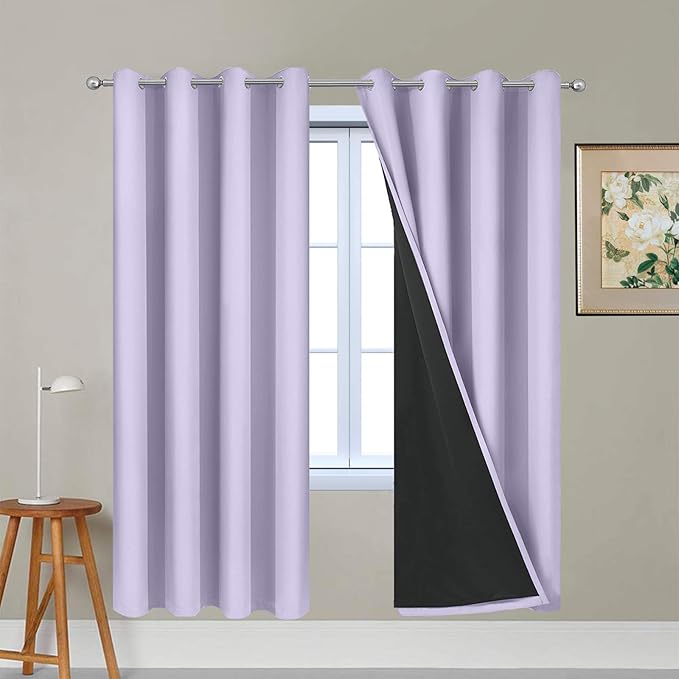 Yakamok Lilac 100% Blackout Lined Curtains, 2 Thick Layers Completely Blackout Window Treatment Thermal Insulated Drapes for Kitchen/Bedroom (1 Pair, 52W x 72L)