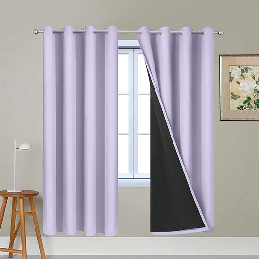 Yakamok Lilac 100% Blackout Lined Curtains, 2 Thick Layers Completely Blackout Window Treatment Thermal Insulated Drapes for Kitchen/Bedroom (1 Pair, 52W x 72L)