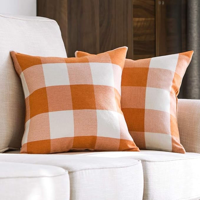 MIULEE Pack of 2 Fall Throw Pillow Covers Classic Farmhouse Buffalo Check Plaids Linen Soft Solid Orange and White Decorative Outdoor Cushion Case for Sofa Bedroom 26 x 26 Inch