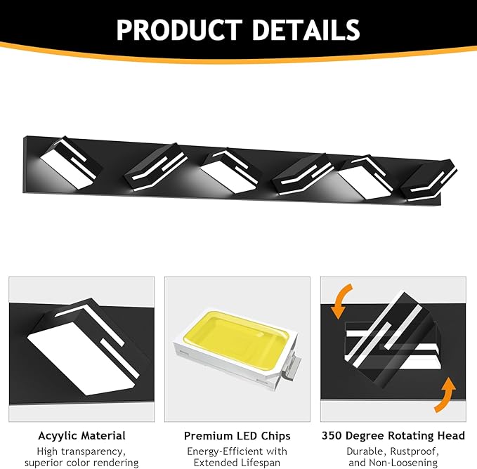LED Modern Bathroom Vanity Light Fixtures 6-Light 5CCT Dimmable Matte Black Vanity Lights for Bathroom Lighting Fixtures Over Mirror, with 350° Rotatable Acrylic Heads, 40-inch