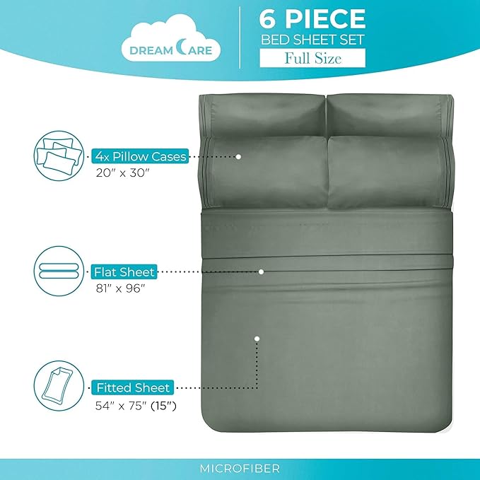 DREAMCARE Full Size Sheets Set - 6 Pcs Deep Pocket Cooling Bed Sheets - Soft, Long Lasting 100% Brushed Microfiber with Side Pocket (Sage Green, Full)