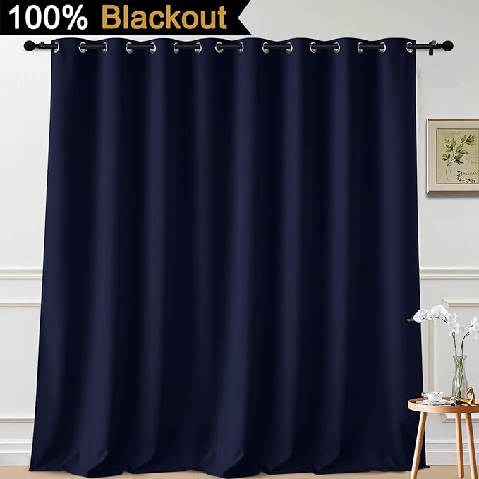 Yakamok 100% Blackout Extra Wide Thermal Insulated Curtains, Total Shade Patio Door Curtain, Full Light Shading Sliding Door Drape Room Divider for Living Room/Bedroom, Navy Blue, W100 x L108, 1 Panel