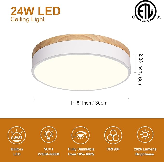 Dimmable Modern Wood Ceiling Light, White LED 5CCT 2700K-6000K Flush Mount Ceiling Lighting Fixture, Round Light Fixtures for Kitchen Entryway Hallway Bedroom Laundry Room-11.8in