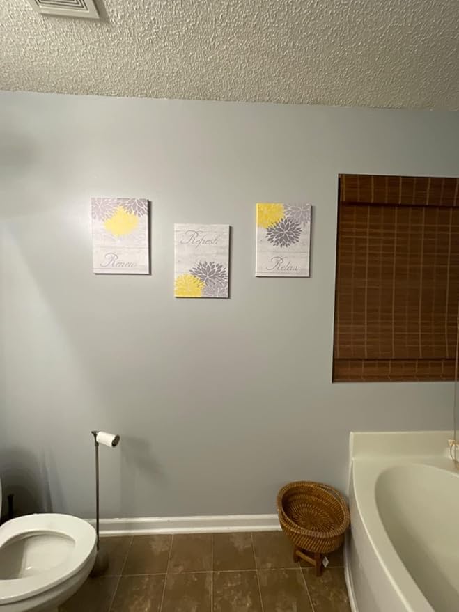 Zlove Yellow and Grey Bathroom Decor, Dahlia Flower Pictures Wall Art - Relax Refresh Renew Bathroom Pictures Wall Decor, 12"X16", 3Pcs