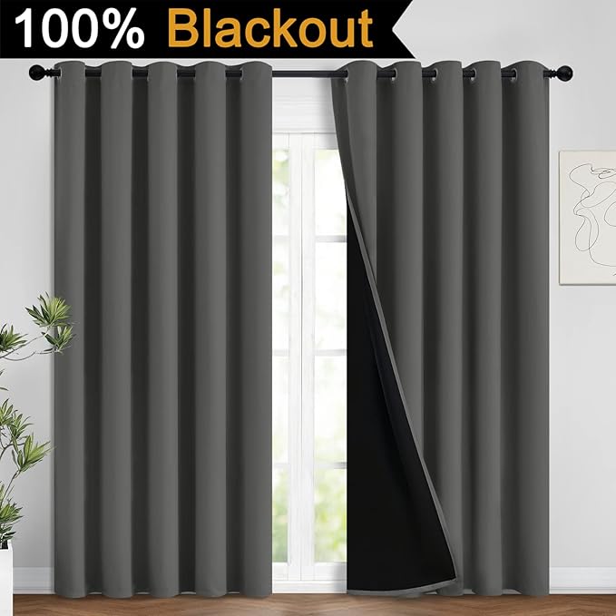 Dark Grey Full Shade Curtain Panels, Heavy Duty Lined Curtains 96 Inches Long, Thermal Insulated Room Darkening Curtains with Black Liner for Bedroom(62" Width Each Panel, Dark Gray, 2 Panels)