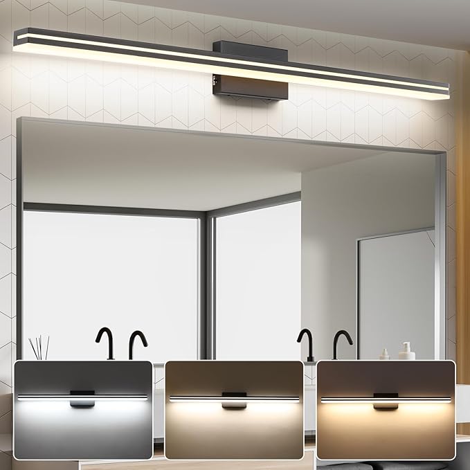 SineRise LED Modern Bathroom Vanity Light Bar (48-Inch, 3000K/4000K/6000K), Matte Black Dimmable Modern Acrylic Bathroom Wall Lighting Fixtures Over Mirror