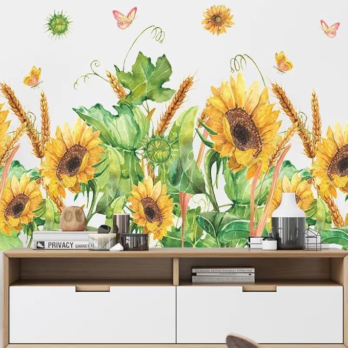 12x36 Inch Set - Sunflower Themed Floral Wall Decals for Decor, Self Adhesive Vinyl for Home Decor for Nursery, Home, (Floral Design #5)