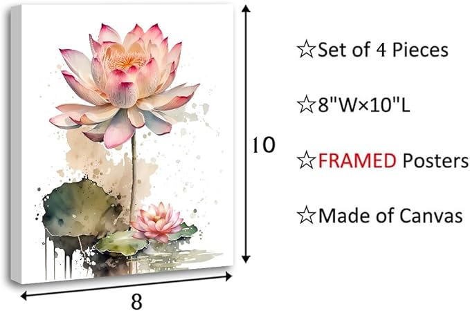 Framed Lotus Floral Wall Art Prints,Lotus Flower Canvas Wall Art,Watercolor Lotus Bloom Meditation Poster,Pink Lotus Zen Canvas Wall Art for Office Bathroom Room Decor Set of 4(8”X10”)