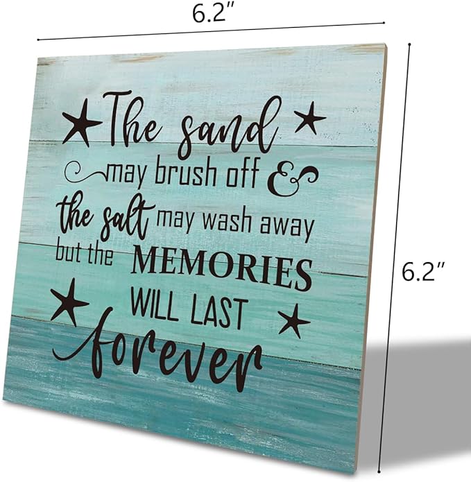 Beach Wood Sign, “The Sand May Brush Off the Salt May Wash Away but the Memories Will Last Forever”, Wooden Plaque Table Art Sign, Ocean Theme Home Decorations, Coastal House Decor, Family Sign E