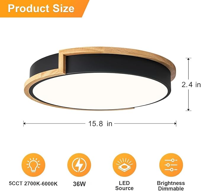 Dimmable Wood Flush Mount Ceiling Lights, Modern LED Black 5CCT 2700K-6000K Lighting Fixtures, Round Ceiling Lamp for Kitchen Living Room Dining Room Bedroom, 15.8in