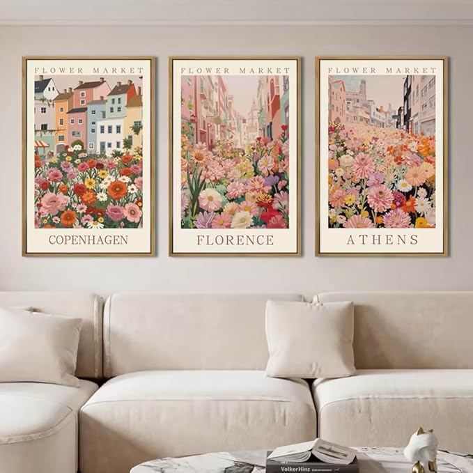 IARTTOP Large Framed Pink Matisse Canvas Wall Art 16x24 Inch Colorful Flower Market Wall Decor Boho Botanical Art Prints for Living Room Bedroom Office Set of 3