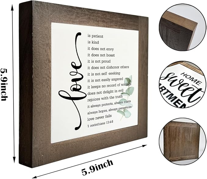 Bible Verse Corinthians 13:4-8 Box Sign, Love Never Fails, Wooden Plaque Gift Tabletop, Rustic Love Sign, Wood Block Plaque for Anniversary, Religious Home Decor, Gift for Couple, Wedding Gift C1