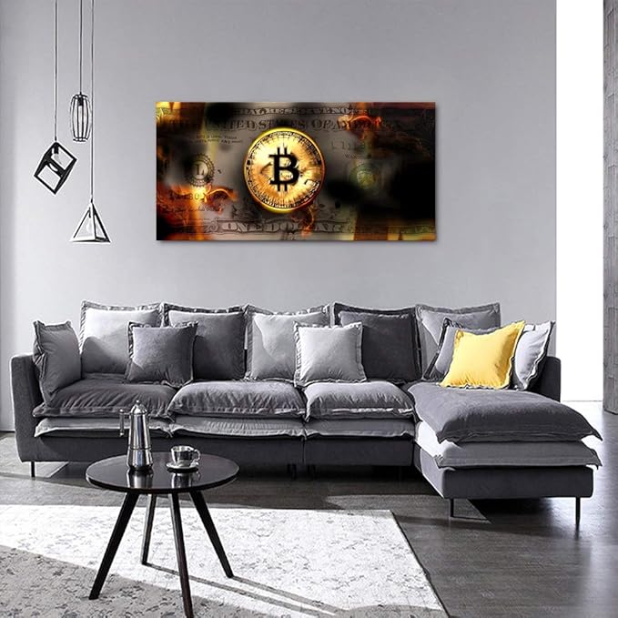Yatsen Bridge Motivational Dollar Money Artwork Burning Bitcoin and Dollar Wall Art Framed Art Ready to Hang-48x24 inches