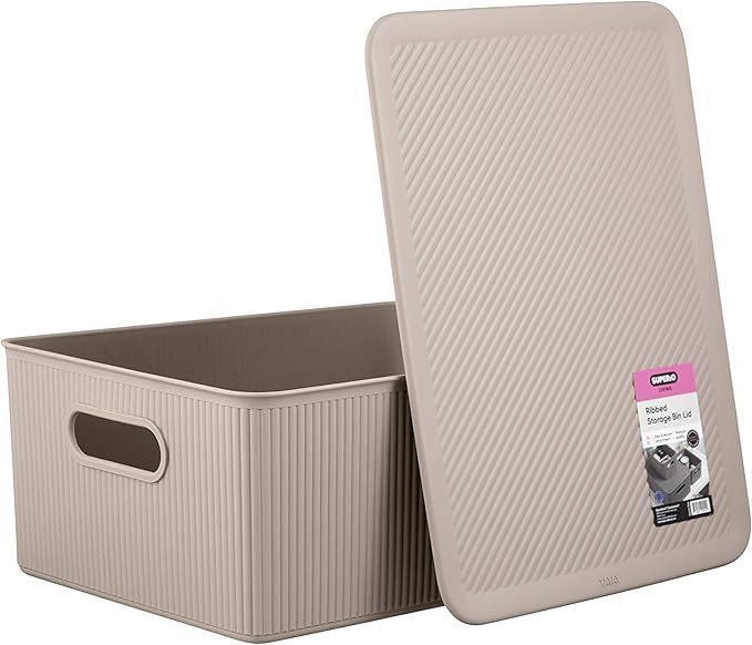 Superio Ribbed Collection - Decorative Plastic Lidded Home Storage Bins Organizer Baskets, Large Taupe (2 Pack - 15 Liter) Stackable Container Box, for Organizing Closet Shelves Drawer Shelf