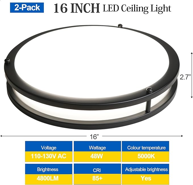 OOWOLF 16inch 48W LED Flush Mount Ceiling Light Fixture Dimmable, Super Bright Brushed Nickel Ceiling Light 4800LM 5000K Daylight White 480W Equivalent, Ceiling Lamp for Bedroom, Kitchen, 2-Pack