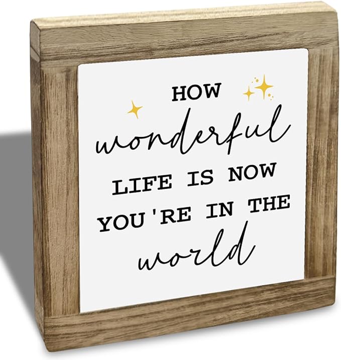 How Wonderful Life Is Now Desktop Decor. Wood Box Decor. Inspirational Wood Box Decoration Sign, Home Desktop Decoration, For Nursery Playroom Kids Room Home, Office