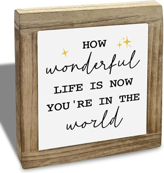How Wonderful Life Is Now Desktop Decor. Wood Box Decor. Inspirational Wood Box Decoration Sign, Home Desktop Decoration, For Nursery Playroom Kids Room Home, Office